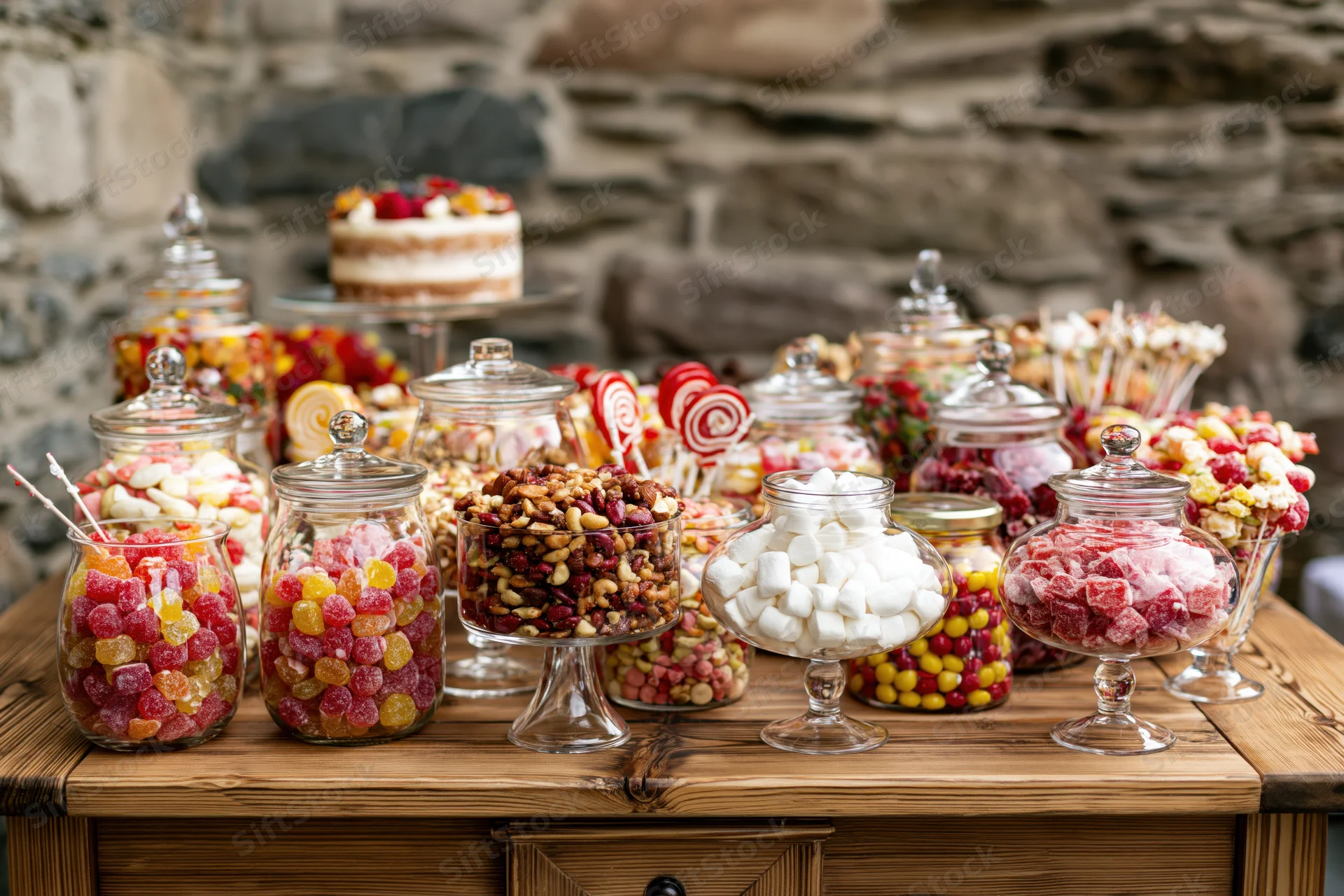 Candy bar spread with jars of sweets on a rustic wooden table at a wedding reception