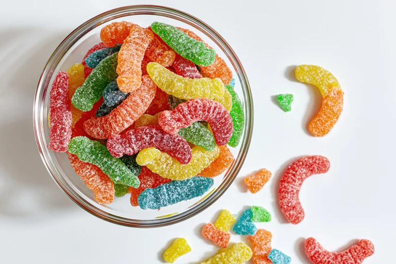 Colorful gummy worms in a clear glass bowl with some spilled onto white surface
