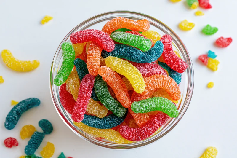 Colorful gummy worms in a clear glass bowl on white background