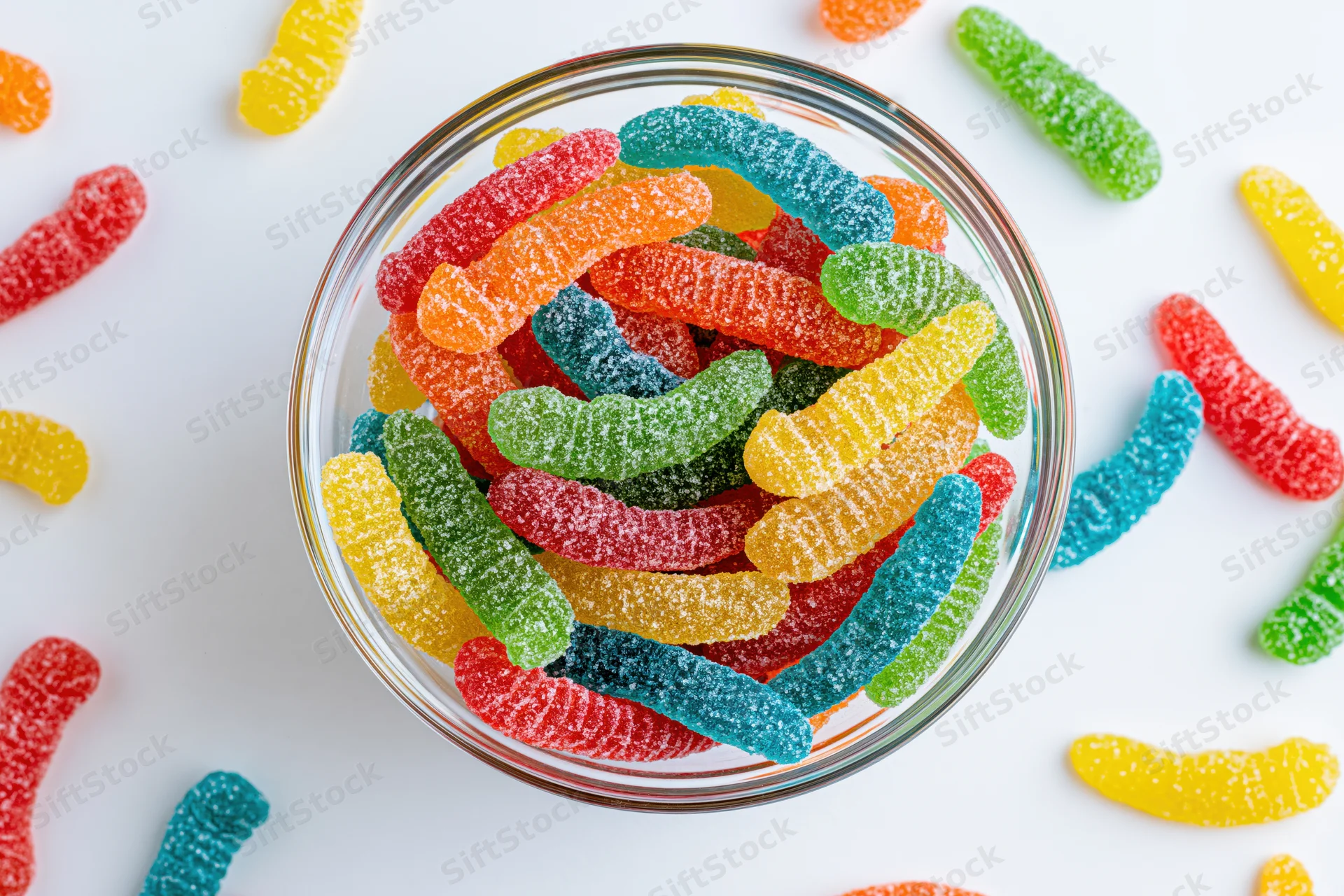Colorful gummy worms in a clear glass bowl on white surface