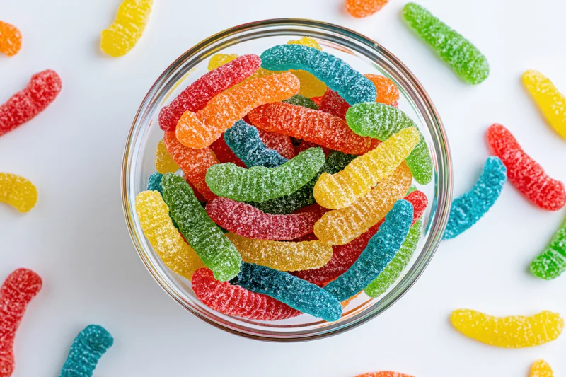 Colorful gummy worms in a clear glass bowl on white surface