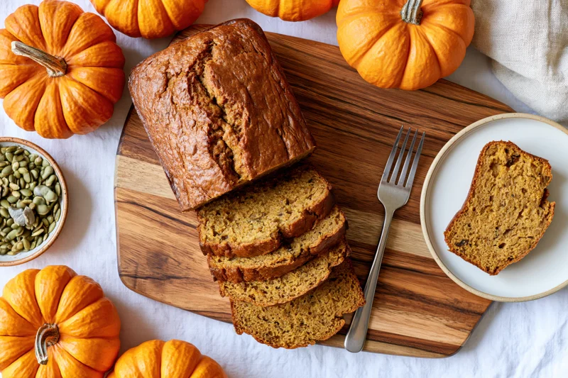 Sliced pumpkin loaf on wooden cutting board surrounded by small pumpkins and seeds, overhead flat lay