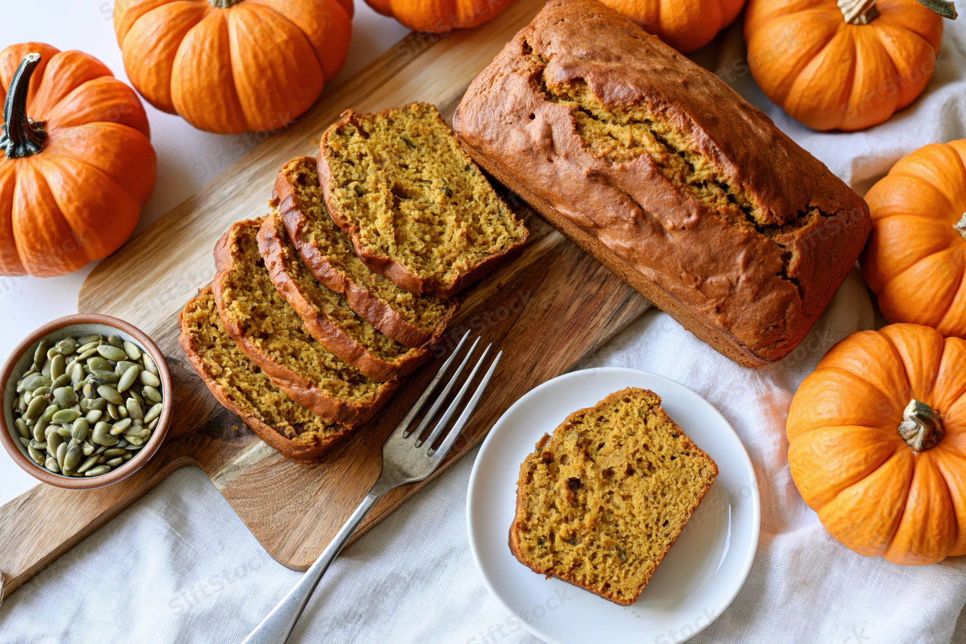 Sliced pumpkin loaf on wooden cutting board surrounded by pumpkins and seeds