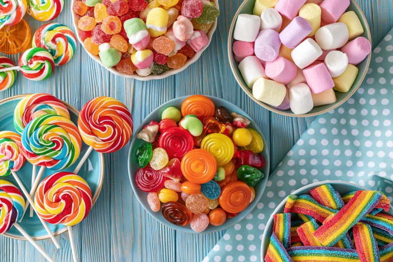 Colorful assorted candies and lollipops arranged in bowls and on plates on a blue wooden table with polka dot napkin