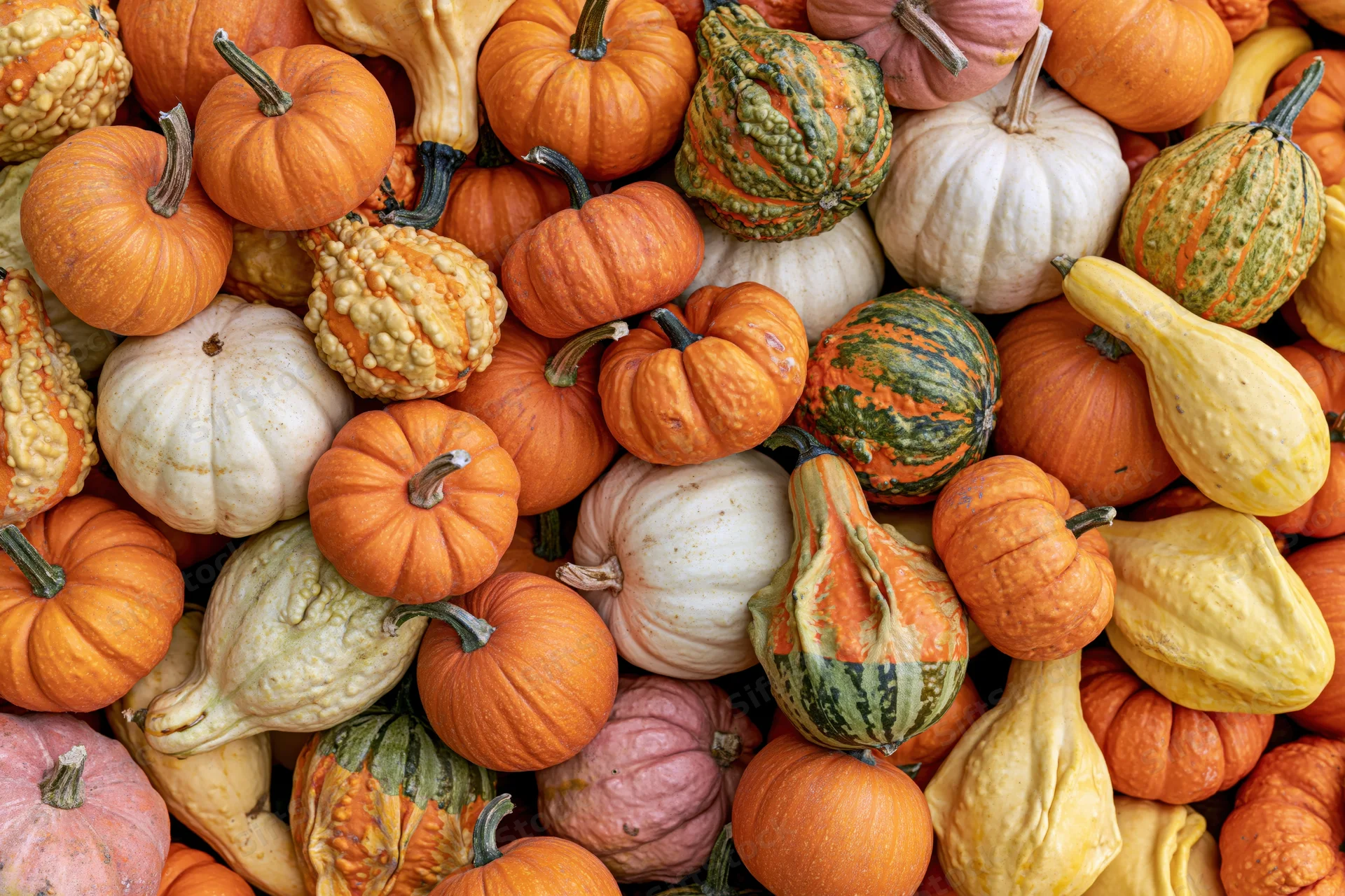 Overhead view of a pile of mixed autumn pumpkins and gourds in various colors and shapes
