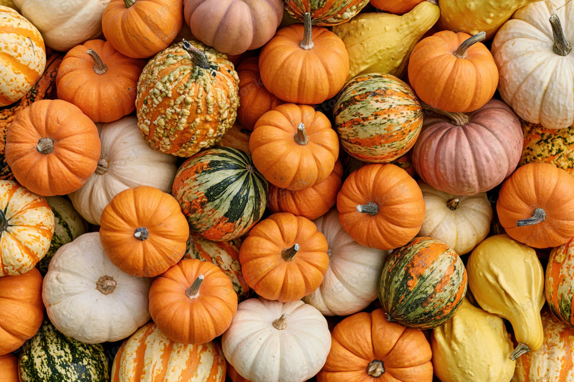 Overhead flat lay of mixed autumn pumpkins and gourds piled together in a colorful display