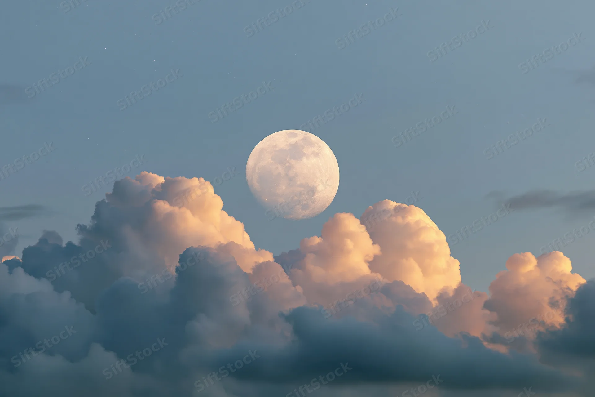 Full moon rising above a bank of dramatic cumulus clouds at twilight