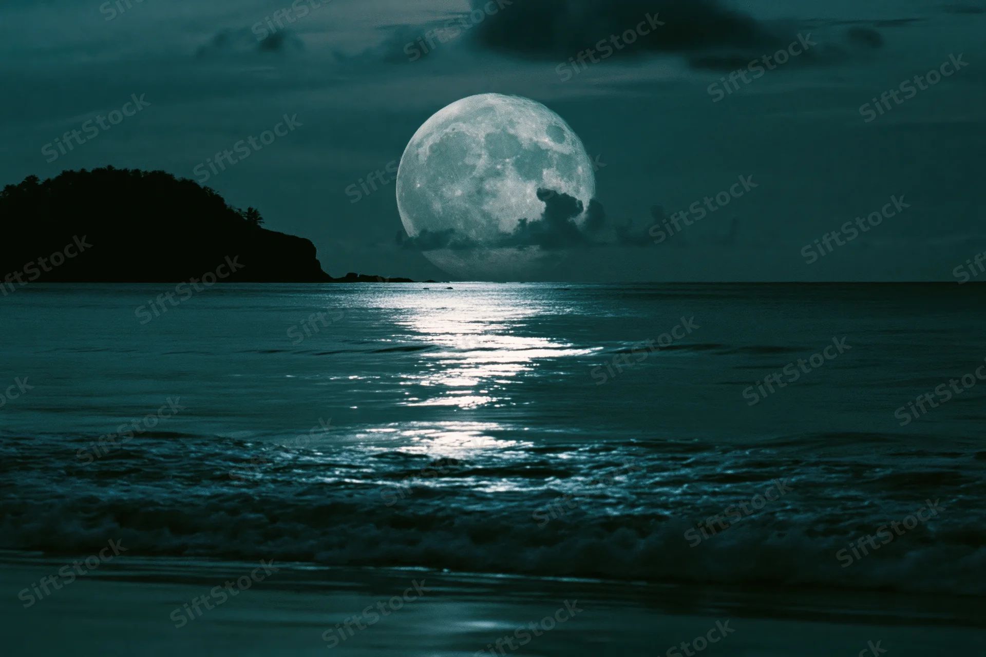 Full moon rising over calm ocean at night with reflection on water and island silhouette in distance