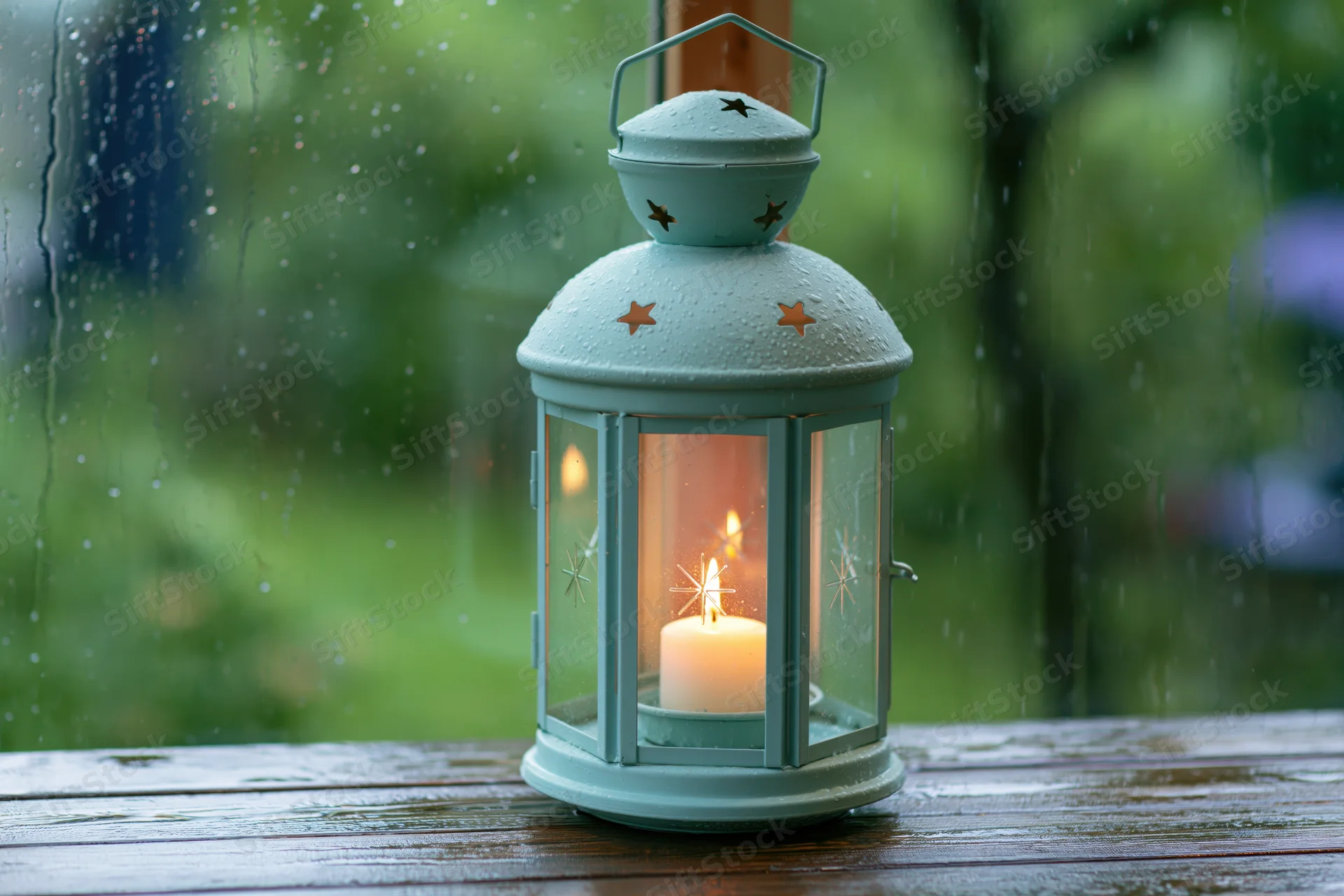 Mint-blue lantern with lit candle on wooden table by rain-streaked window