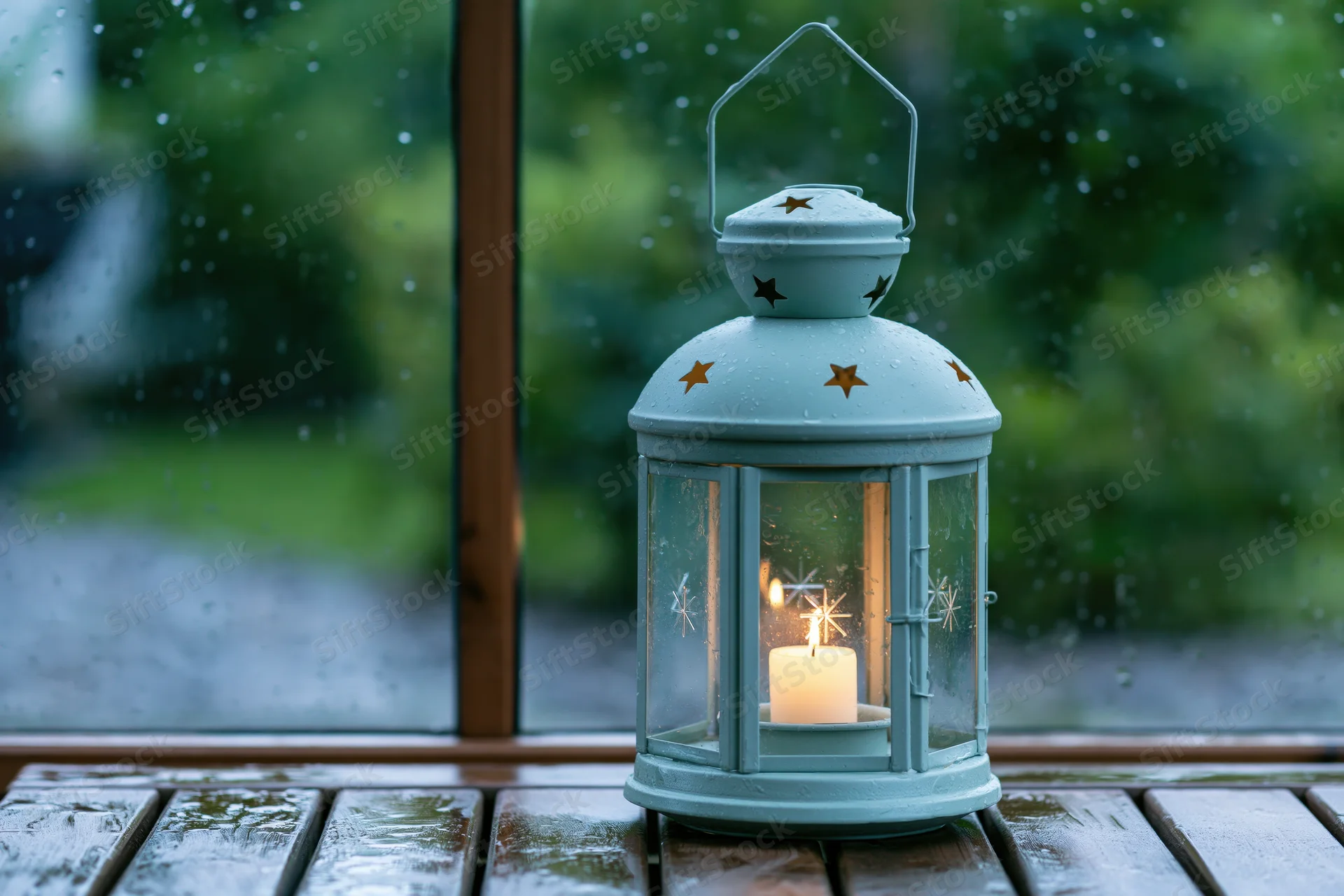 Mint-blue metal lantern with star cutouts holding a lit candle on a wet wooden deck beside a rain-streaked window