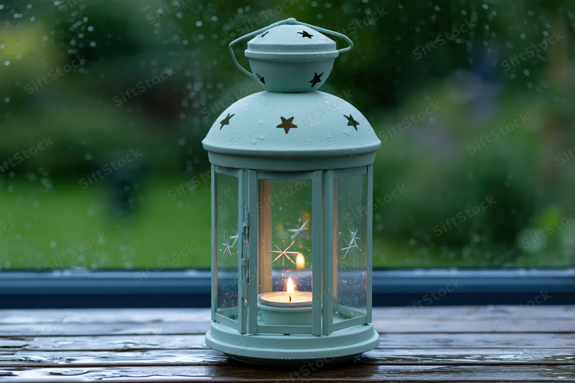 Mint-blue metal lantern with star cutouts and glass panels holding a lit candle on a wet wooden deck by a rain-streaked window