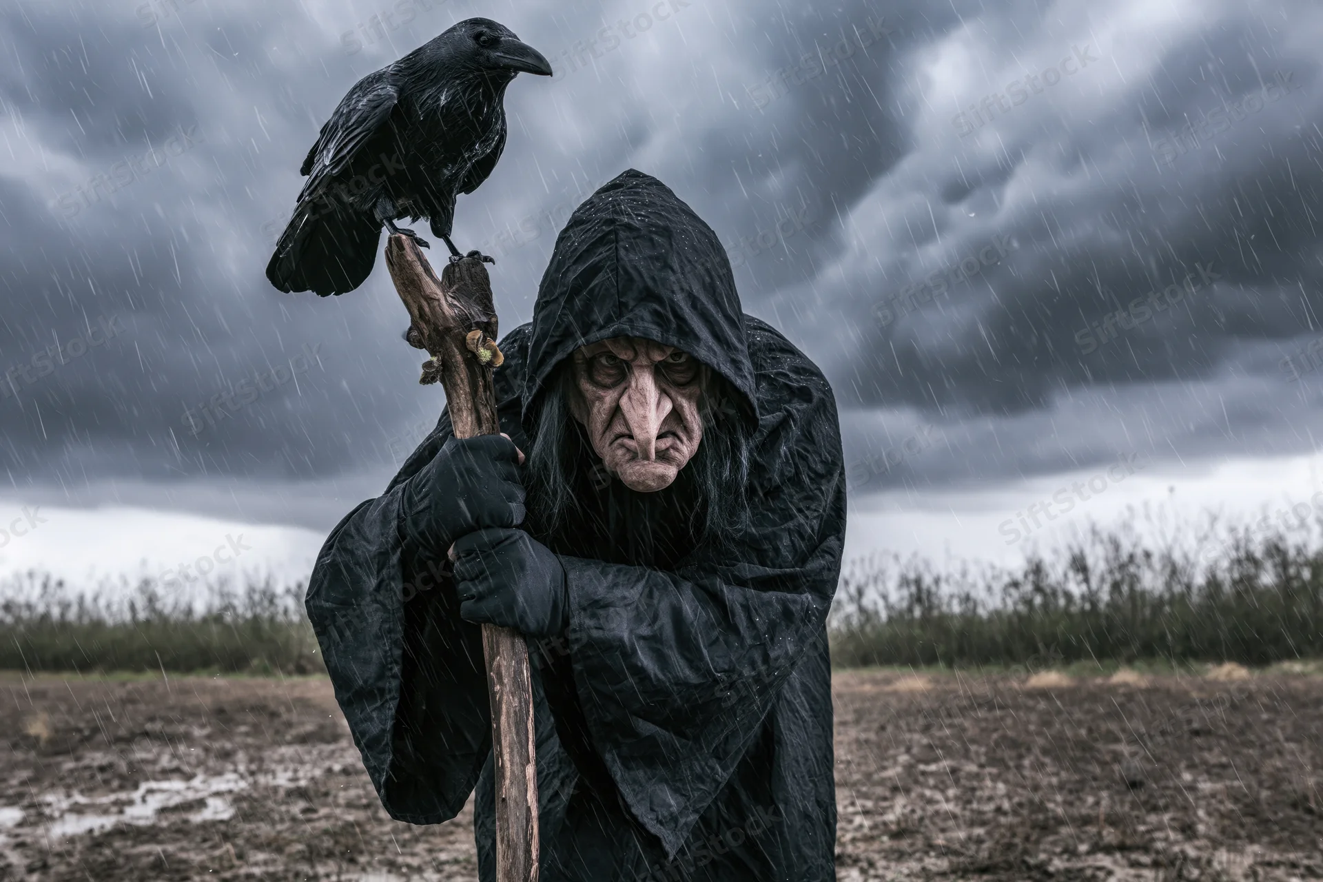 Witch in black hooded cloak holding wooden staff with crow perched on top in rainy field under stormy sky