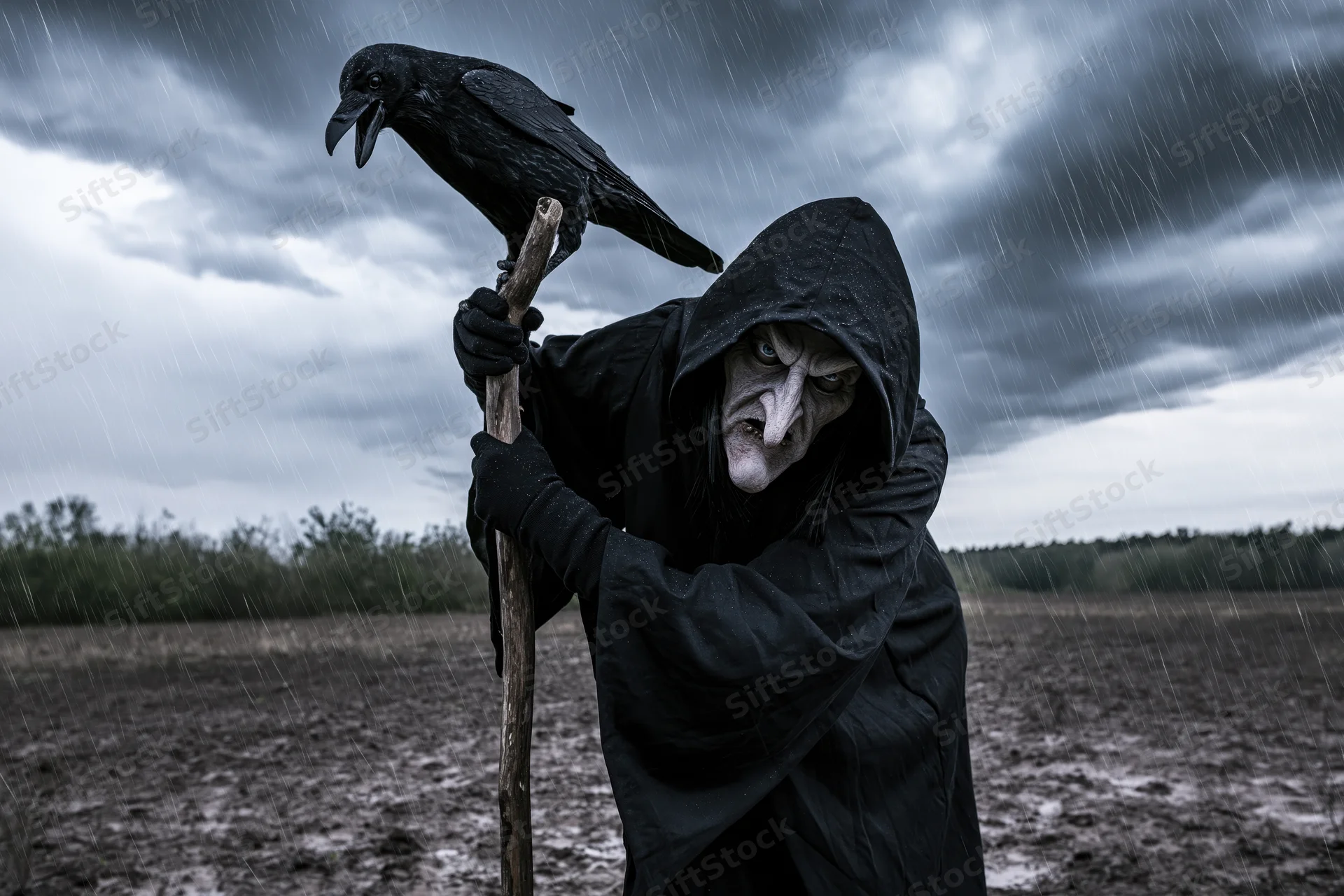 Hooded witch in black costume holding staff with crow perched on top in rainy field