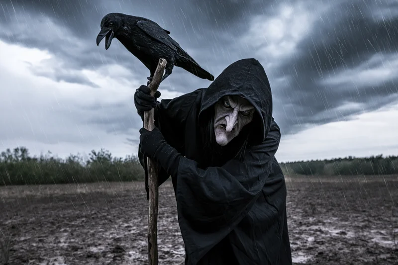 Hooded witch in black costume holding staff with crow perched on top in rainy field