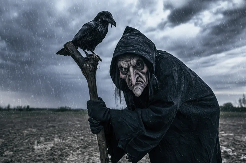 Witch in black hooded cloak hunched over wooden staff with crow perched on top in rainy field