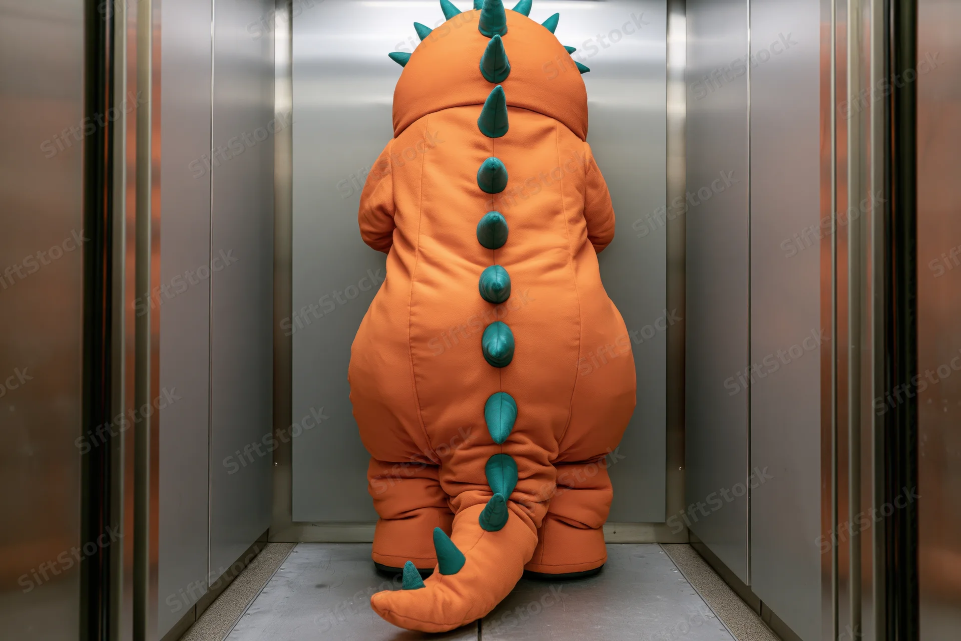 Person in orange and green dinosaur mascot costume standing in elevator facing away