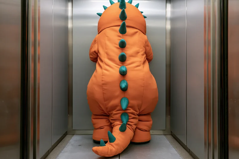 Person in orange and green dinosaur mascot costume standing in elevator facing away