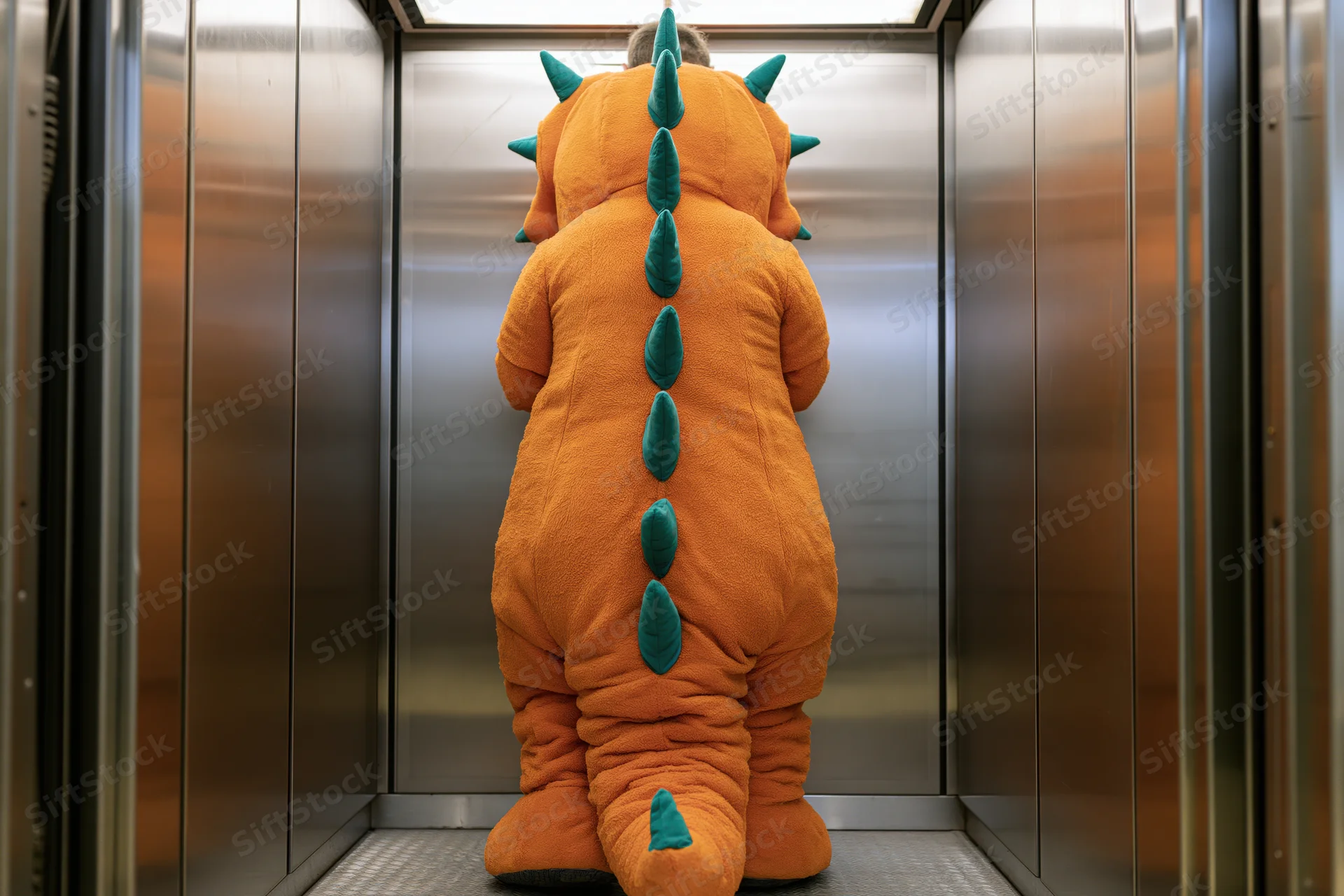 Person in orange and green dinosaur mascot costume standing in elevator facing away
