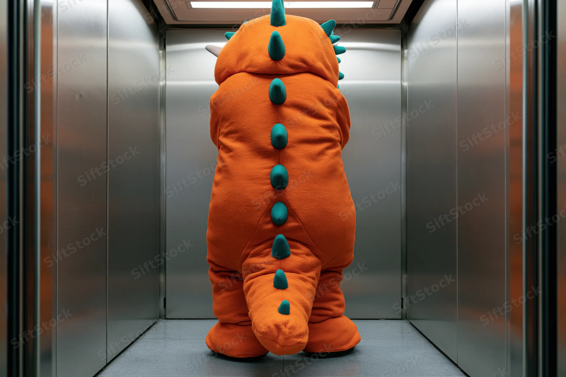 Person in orange and green dinosaur mascot costume standing in elevator facing away