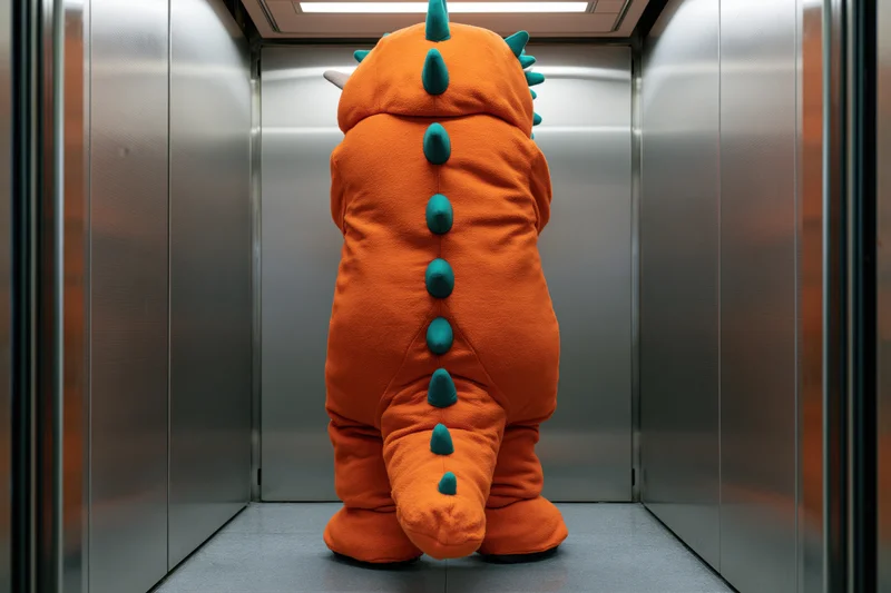 Person in orange and green dinosaur mascot costume standing in elevator facing away