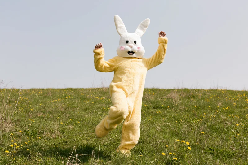 Person in yellow bunny costume running across grassy field with arms raised