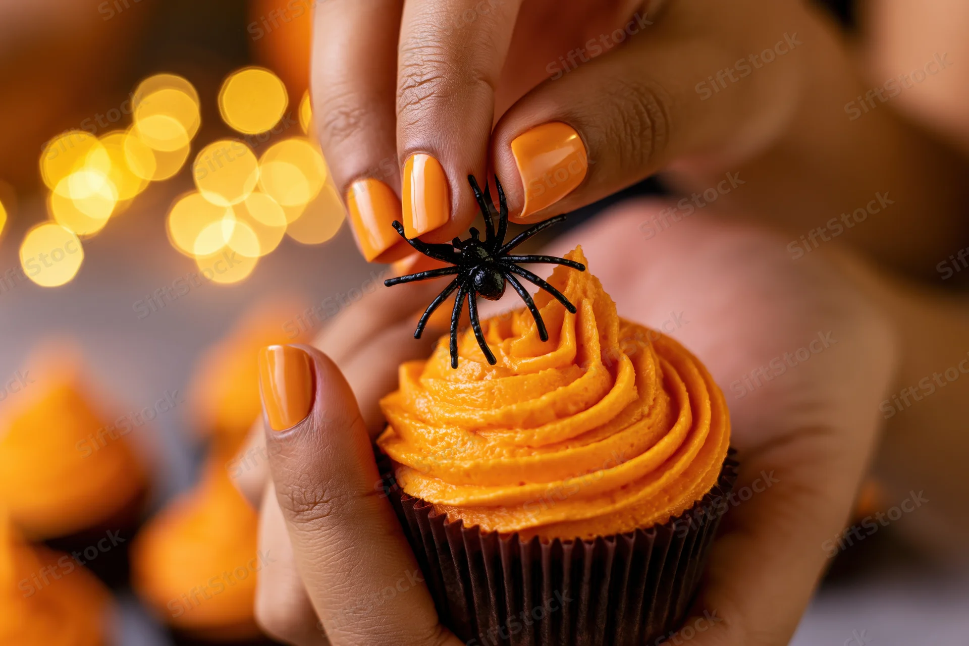 Woman placing a black plastic spider on an orange-frosted cupcake for halloween