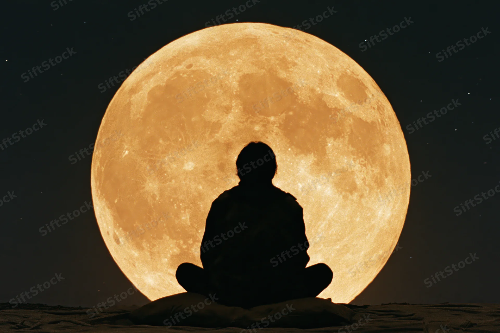 Silhouette of a person sitting cross-legged outdoors at night with a large full moon behind them