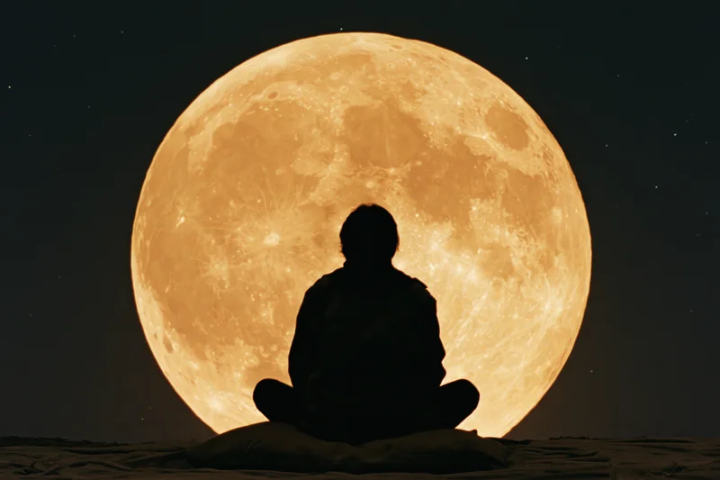 Silhouette of a person sitting cross-legged outdoors at night with a large full moon behind them