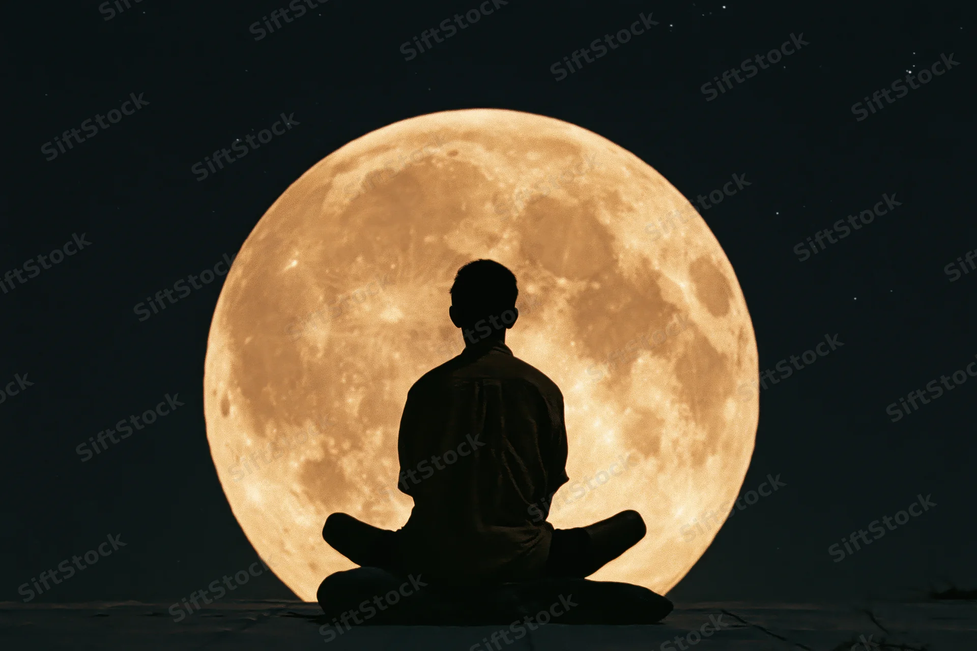 Silhouette of a person sitting cross-legged in meditation facing a full moon at night