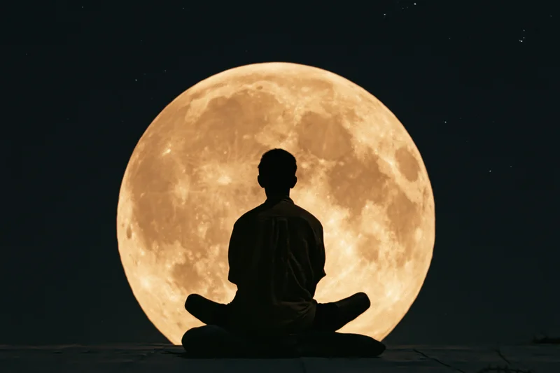 Silhouette of a person sitting cross-legged in meditation facing a full moon at night
