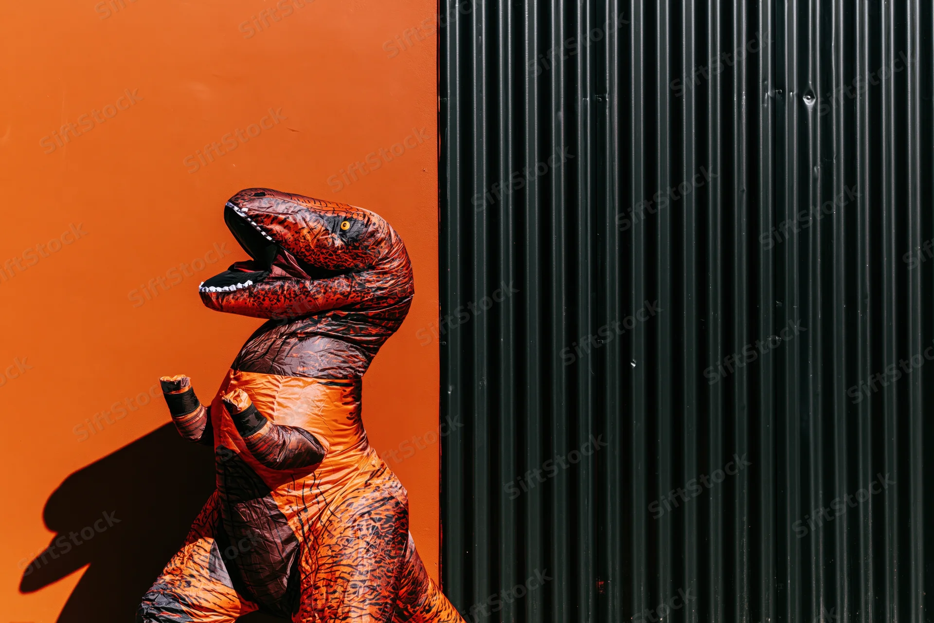 Person in inflatable t-rex costume standing against orange wall and black corrugated metal panel