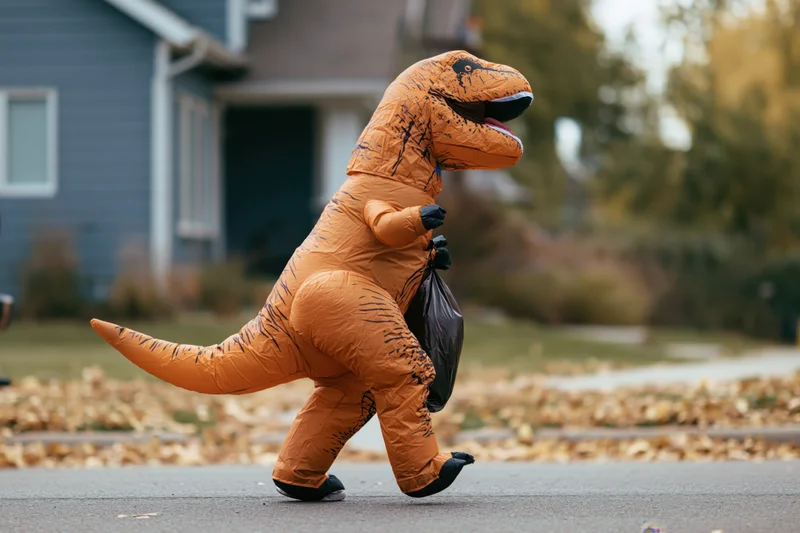 Person in inflatable t rex costume walking on sidewalk carrying candy bag during halloween trick or treat