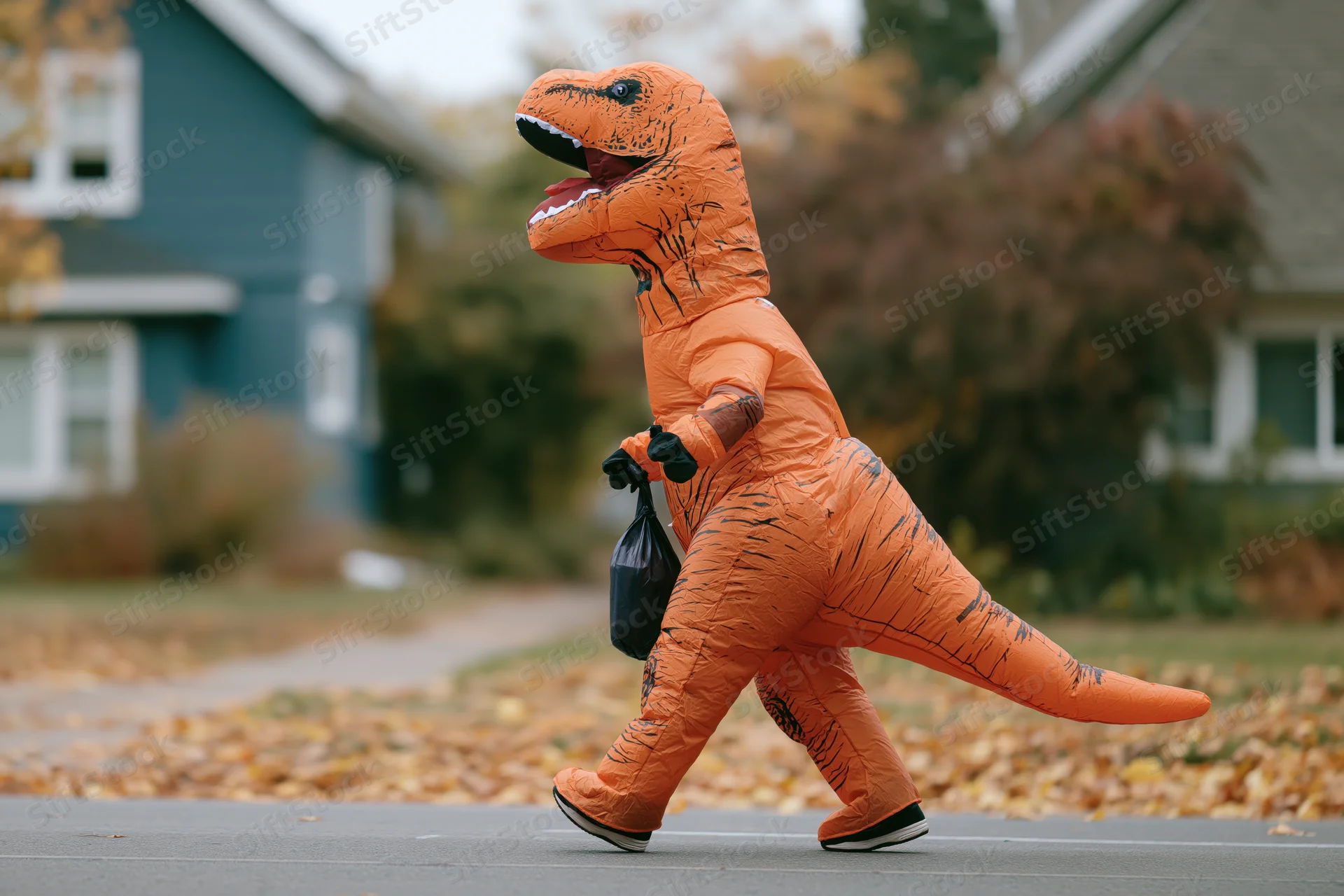 Person in inflatable t-rex costume walking on suburban street with candy bag during halloween