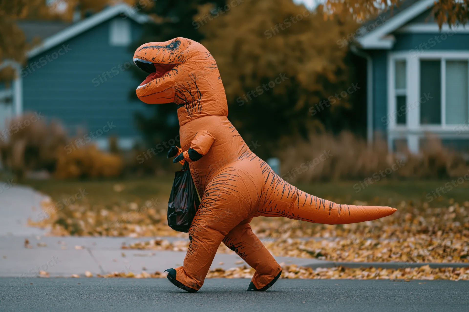 Person in inflatable t-rex costume walking on sidewalk carrying candy bag during autumn in suburban neighborhood