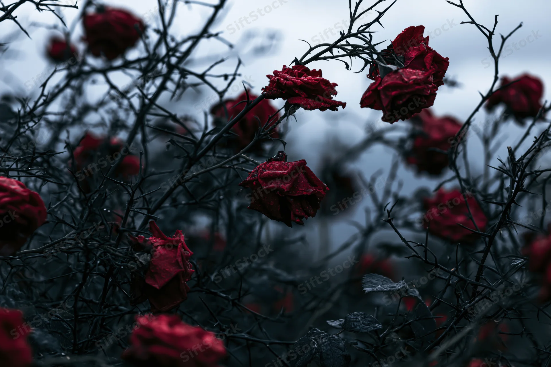 Dried red roses among dark thorny bramble stems under overcast sky
