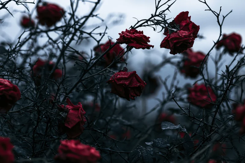 Dried red roses among dark thorny bramble stems under overcast sky