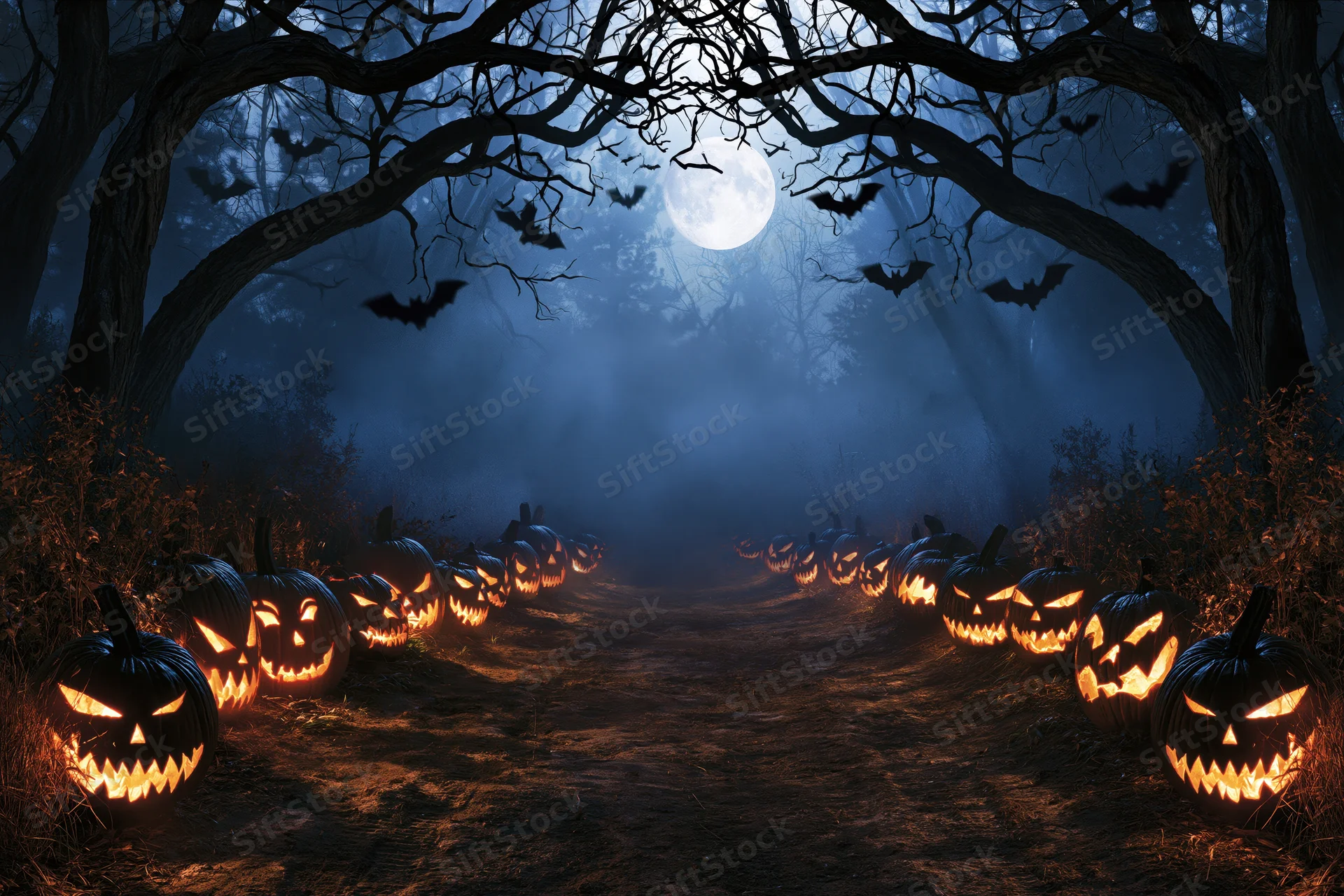 Rows of carved jack-o-lanterns glowing along a dirt path through a dark forest under a full moon
