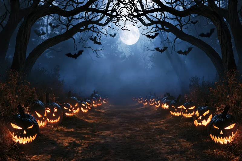 Rows of carved jack-o-lanterns glowing along a dirt path through a dark forest under a full moon