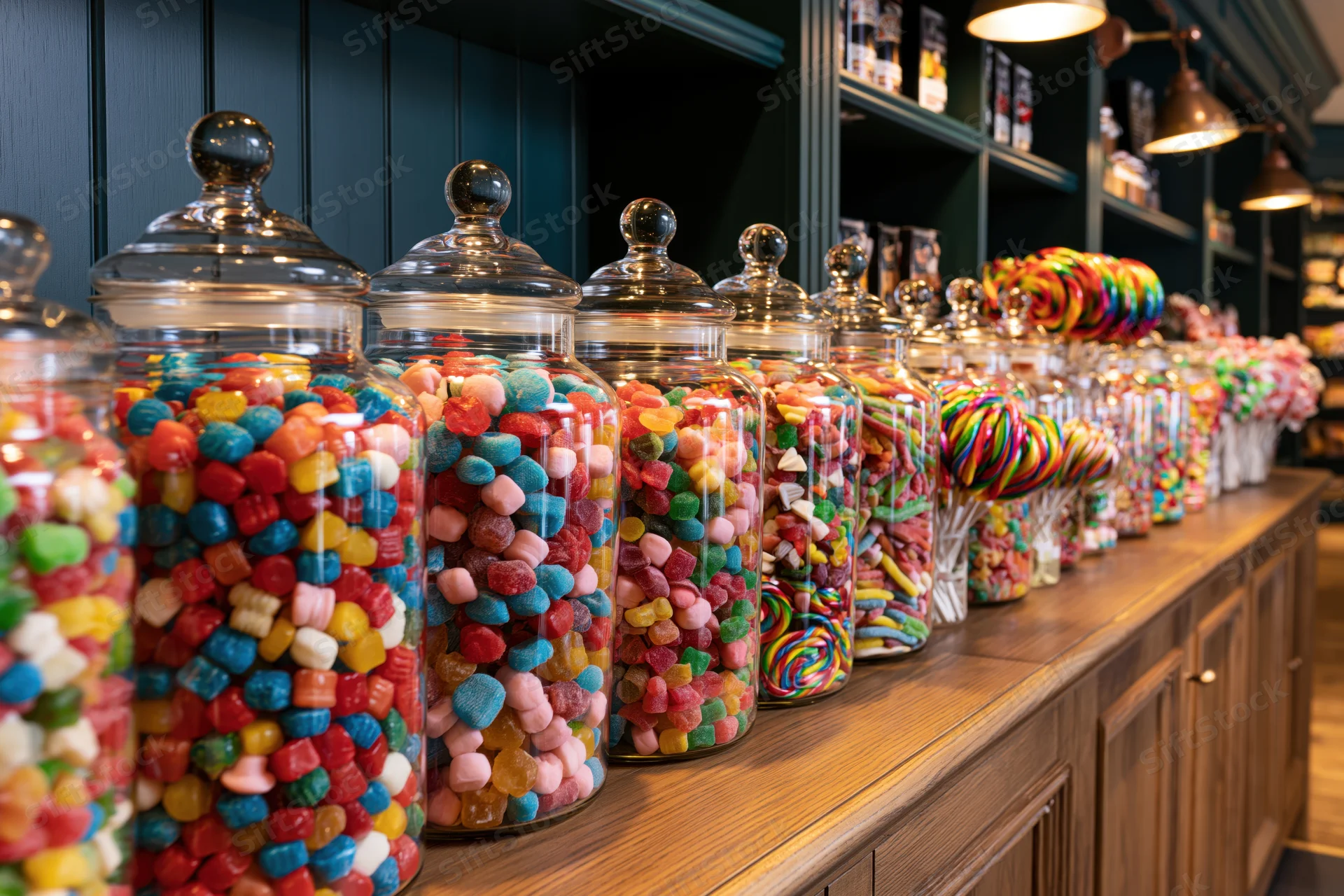 Rows of glass apothecary jars filled with colorful hard candy and lollipops on a wooden counter in a candy store