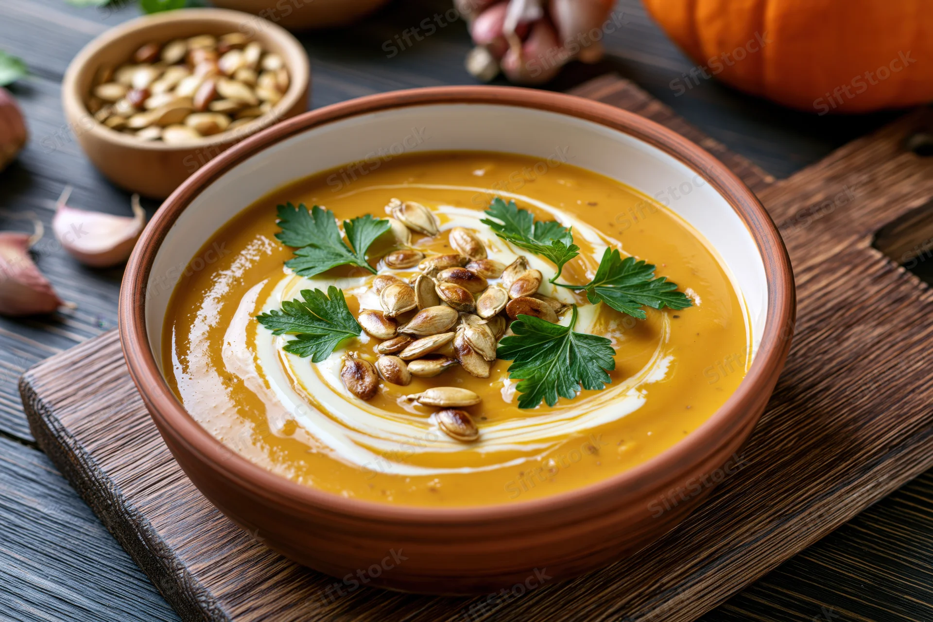 Pumpkin cream soup in a rustic clay bowl garnished with parsley and roasted seeds on a wooden cutting board
