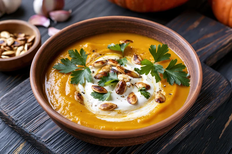 Pumpkin cream soup in a rustic clay bowl garnished with parsley and roasted seeds on a dark wooden table