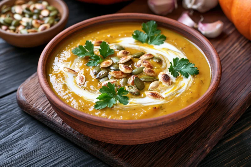 Pumpkin cream soup in a rustic clay bowl garnished with parsley and roasted seeds on a wooden cutting board