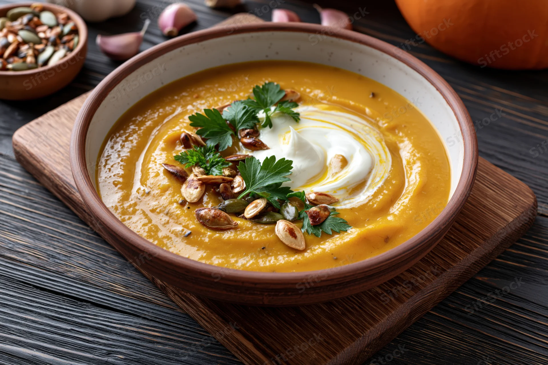 Pumpkin cream soup in a rustic clay bowl garnished with parsley, yogurt swirl and roasted seeds on a wooden cutting board