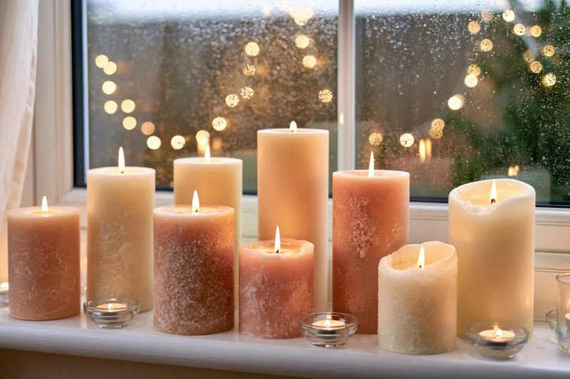 Lit pillar candles in peach and cream tones arranged on a windowsill with raindrops and bokeh lights outside