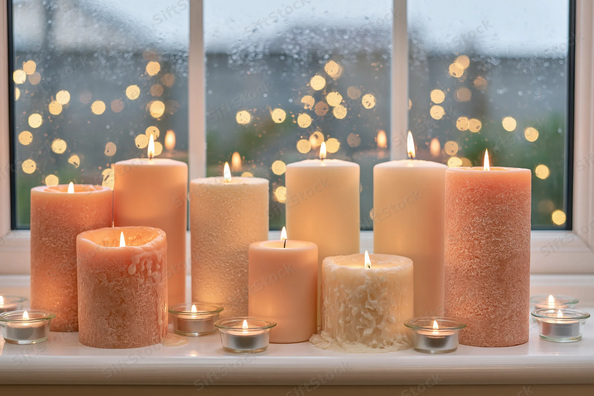 Lit pillar candles in peach cream and ivory tones arranged on a windowsill with raindrops and bokeh lights outside