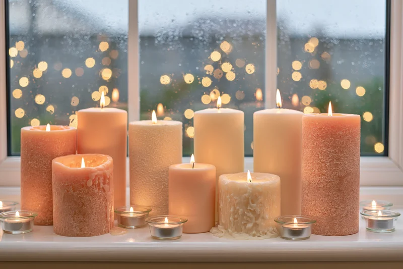 Lit pillar candles in peach cream and ivory tones arranged on a windowsill with raindrops and bokeh lights outside