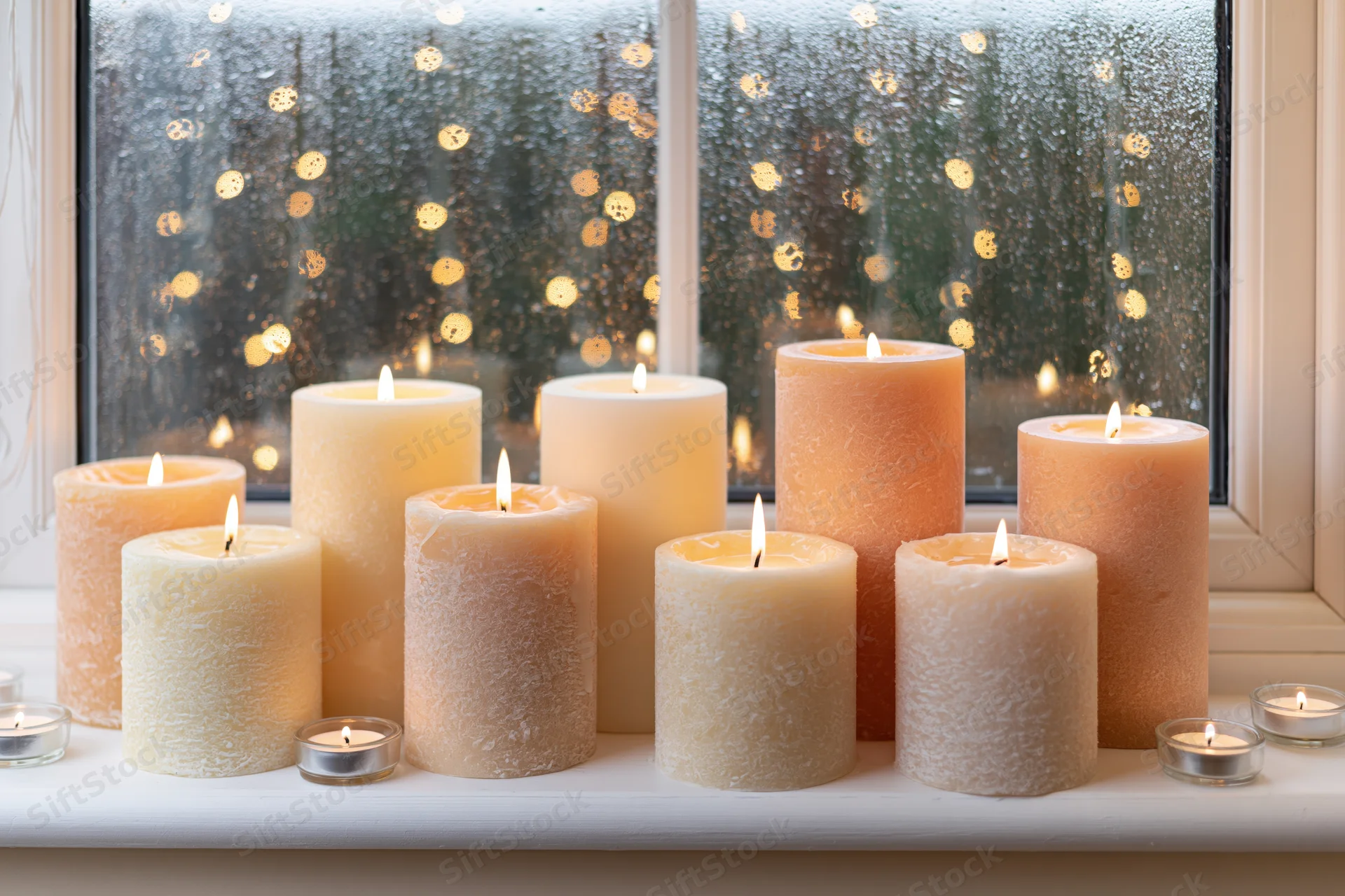 Lit pillar candles in peach cream and ivory tones arranged on a windowsill with raindrops on the glass and warm bokeh lights outside