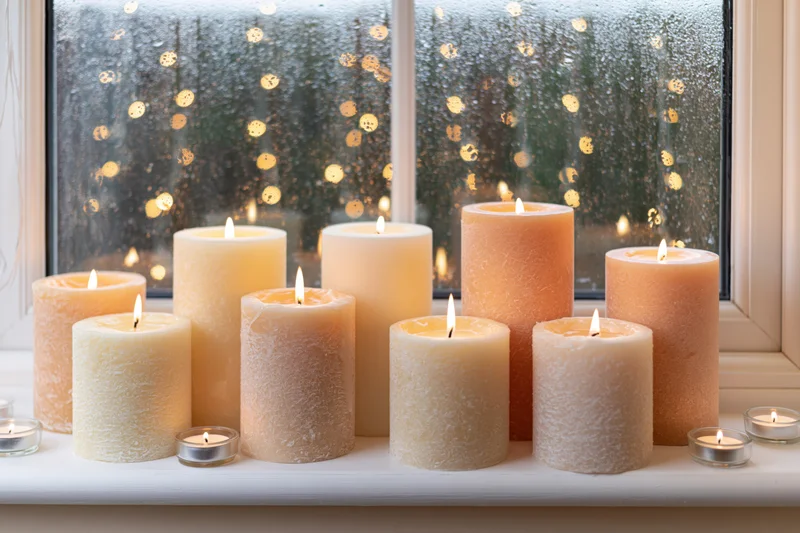 Lit pillar candles in peach cream and ivory tones arranged on a windowsill with raindrops on the glass and warm bokeh lights outside