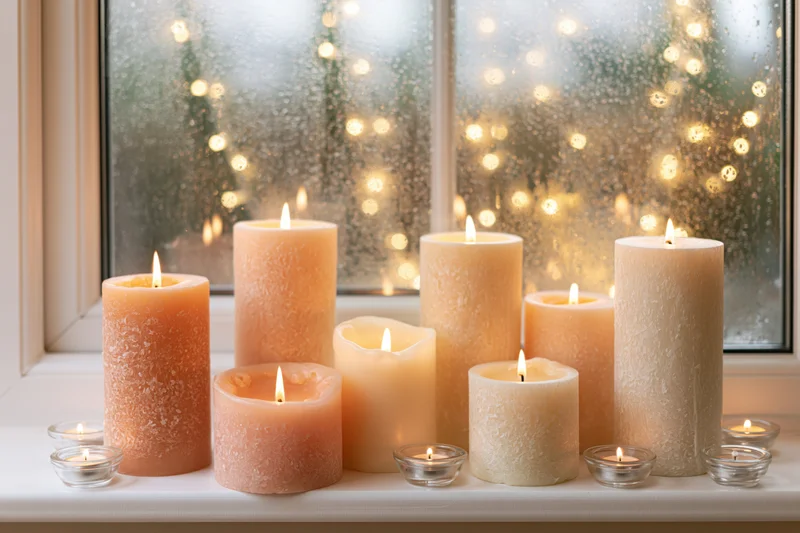 Lit candles in peach cream and ivory tones arranged on a windowsill with rain-streaked glass and blurred festive lights outside