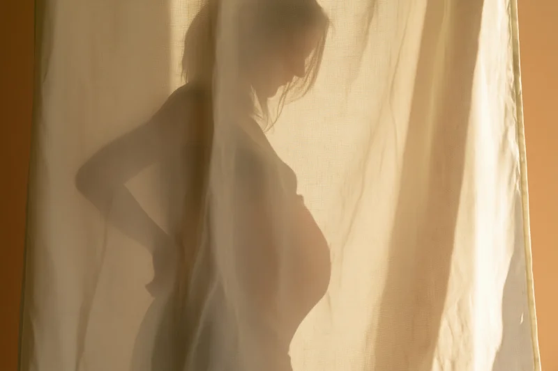 Pregnant woman's silhouette cast on sheer linen curtain, side profile with hand on hip, soft warm light indoors